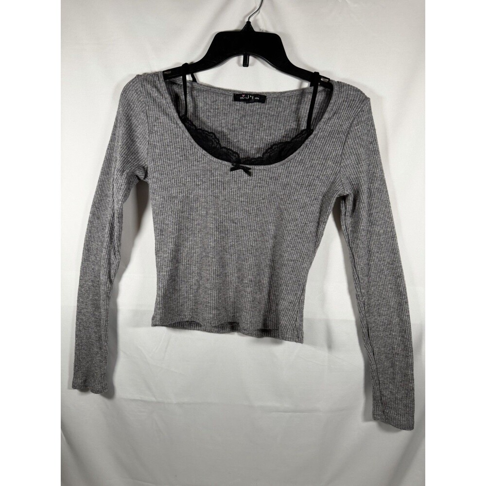 Mixed Threads Gray Ribbed Knit Lace Bow Cropped Long Sleeve Blouse L